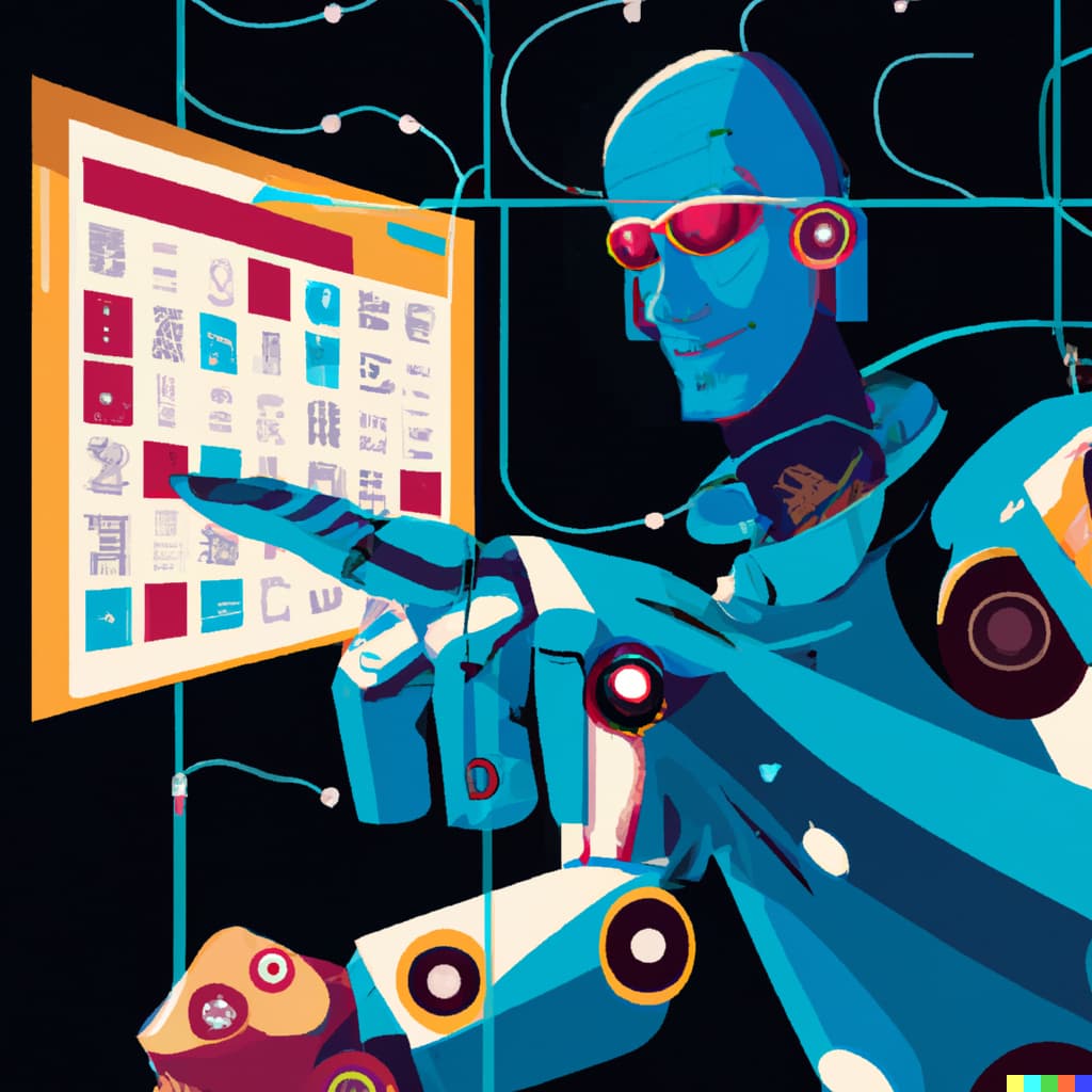 illustration of Cyborg with human face, managing his calendar in a futuristic device, by DALL-E
