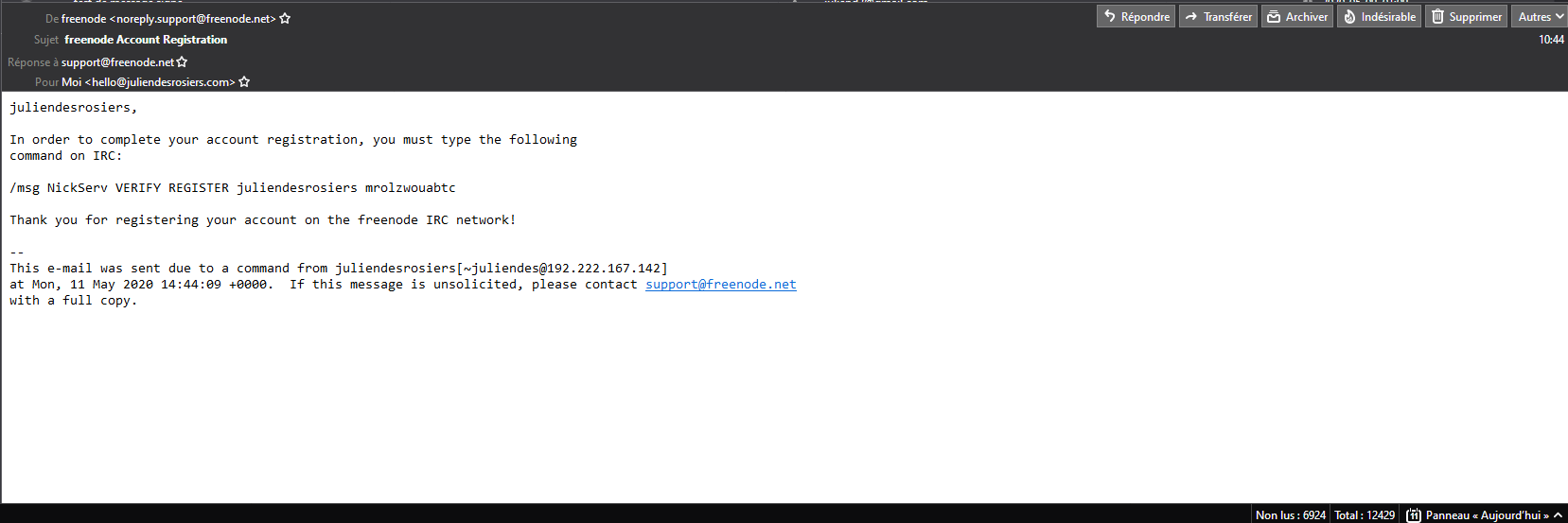 Freenode's Nickserv validation email