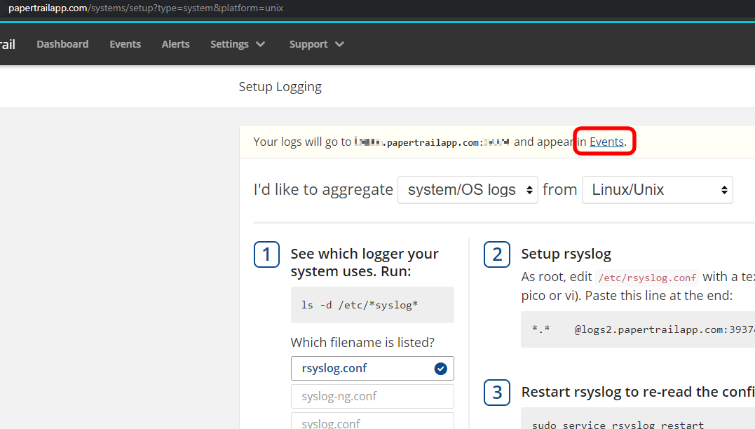 Events link in your papertrail account
