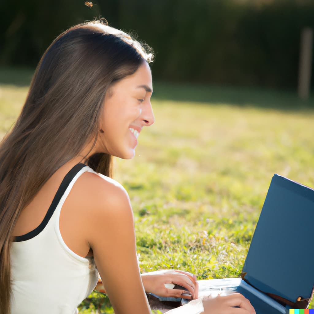 woman happy in front of a computer sitting on the grass in a sunny day, by DALL-E